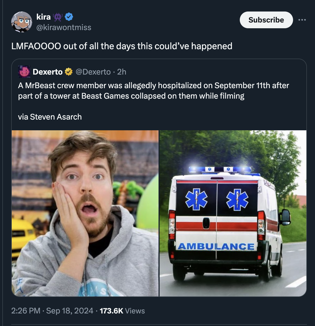 mr beast surprised - kira Lmfaoooo out of all the days this could've happened Dexerto . 2h Subscribe A MrBeast crew member was allegedly hospitalized on September 11th after part of a tower at Beast Games collapsed on them while filming via Steven Asarch 